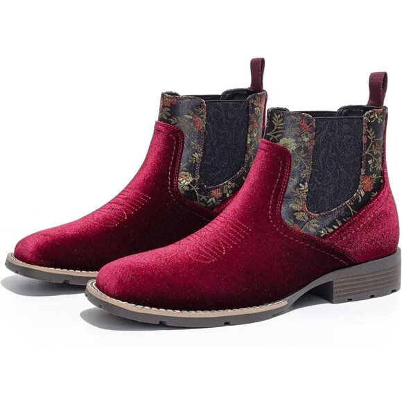 Men\'s Red Velvet Printed Chelsea Slip-on Dress Ankle Formal Casual Boots main image 4